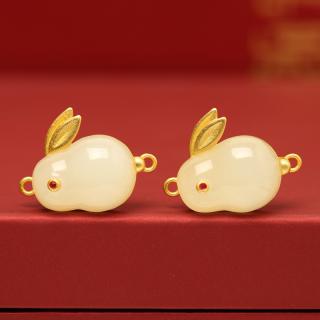 天然和田玉兔子双扣包金配件diy手链配饰925纯银镀金镶嵌兔子